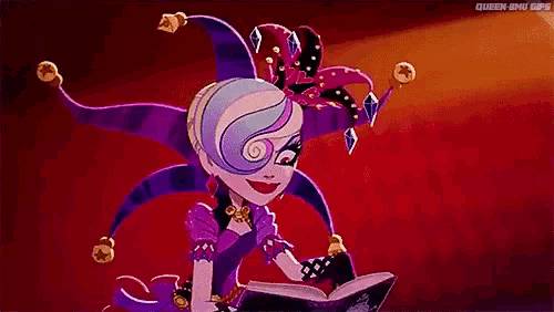a cartoon character is reading a book while wearing a jester costume .