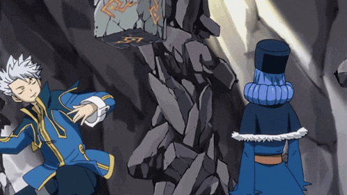 a cartoon of a man and a woman standing next to each other with the number 57 on a rock