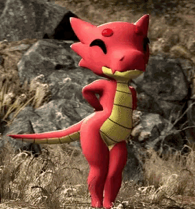a red and yellow dragon with a red eye is standing in a field