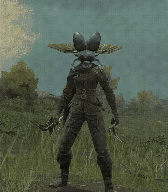 a person with a bug on their head is holding a sword