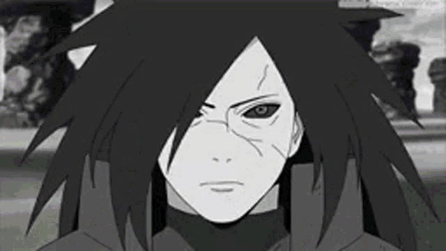 a black and white drawing of a naruto character with long hair and a mask .