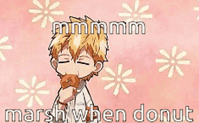 a cartoon of a boy eating a donut with the words marsh when donut on the bottom