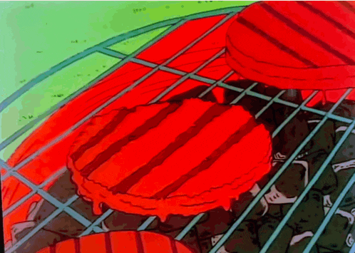 three hamburger patties are cooking on a grill in a cartoon