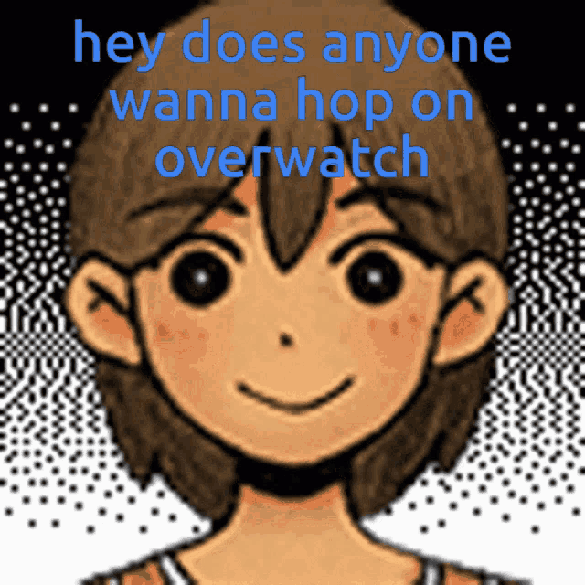 a cartoon of a boy with the words hey does anyone wanna hop on overwatch above him