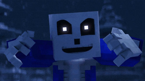 a skeleton with glowing eyes and a blue shirt is smiling