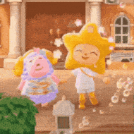 two animal crossing characters are standing next to each other in front of a building . one of the characters is wearing a star hat .