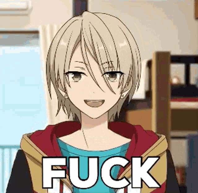 a cartoon character with blonde hair and green eyes is smiling and saying fuck .