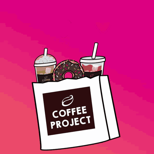 a cartoon drawing of a coffee project bag filled with drinks and donuts