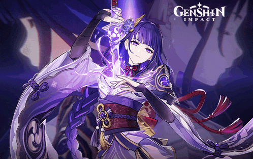 a genshin impact poster with a purple haired girl holding a sword