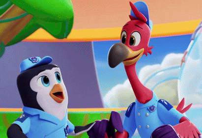 a penguin and a bird are standing next to each other in a cartoon .