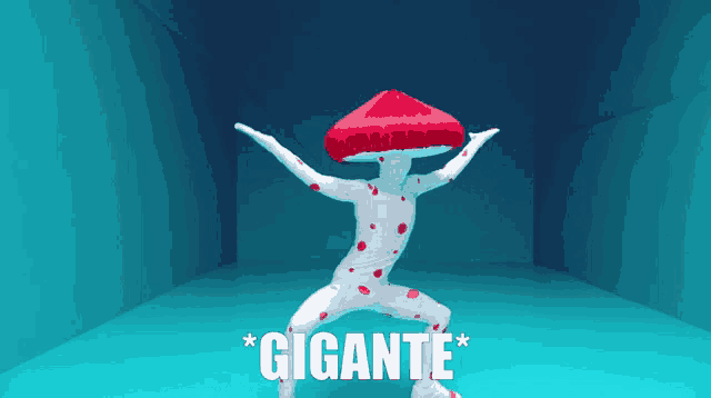 a person dressed as a mushroom with the word gigante on the bottom right