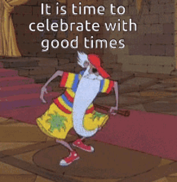a cartoon character is dancing with the words " it is time to celebrate with good times " behind him