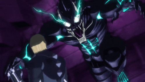 a monster with glowing eyes is attacking a person