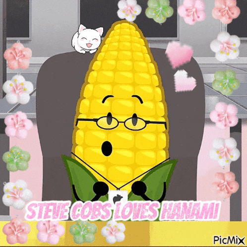 a picture of a corn on the cob that says steve cobs loves hanami on it