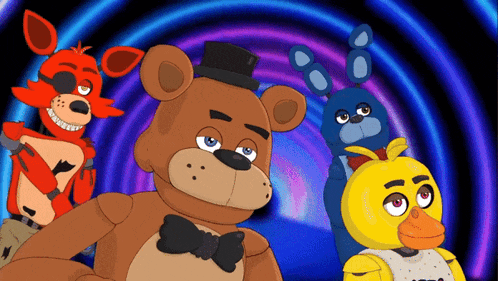 a group of five nights at freddy 's cartoon characters including foxy bonnie and chica