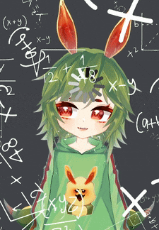 a drawing of a girl with bunny ears surrounded by mathematical equations