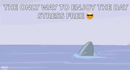 a cartoon of a woman riding on the back of a shark with the words " the only way to enjoy the day stress free "