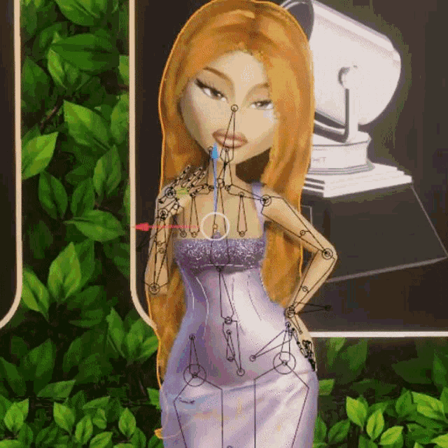 a cartoon doll in a purple dress is standing in front of a sign that says grammys