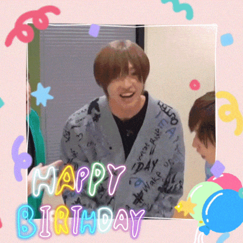 a happy birthday card with a man in a cardigan
