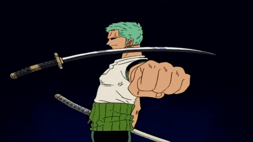 a man with green hair is holding a sword in his hand