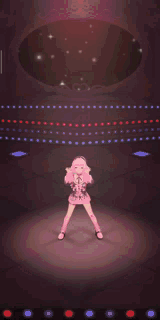 a girl in a beret is dancing on a stage with a reflection of her face in the background