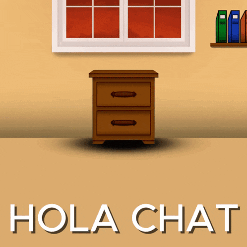 a cartoon illustration of a room with the words hola chat written on the bottom