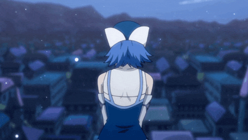 a girl with blue hair and white bows on her ears