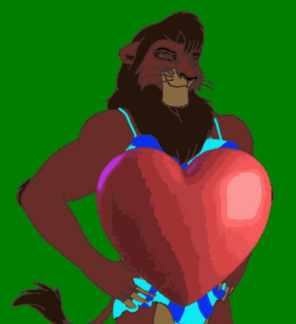 a cartoon of a lion holding a large heart