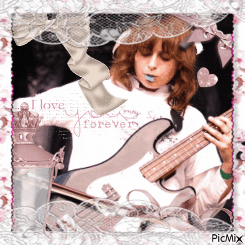 a picture of a girl playing a guitar with the words " i love you forever " in the corner