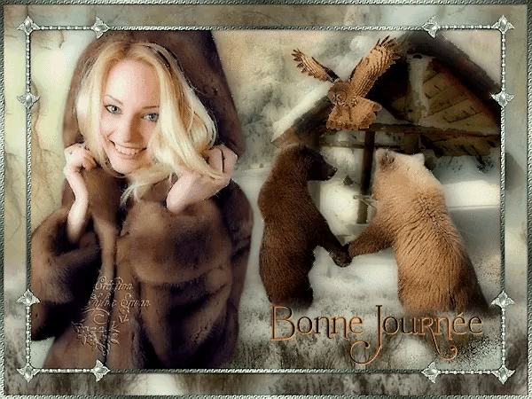 a woman in a fur coat is surrounded by bears and an owl and says bonne journee on the bottom