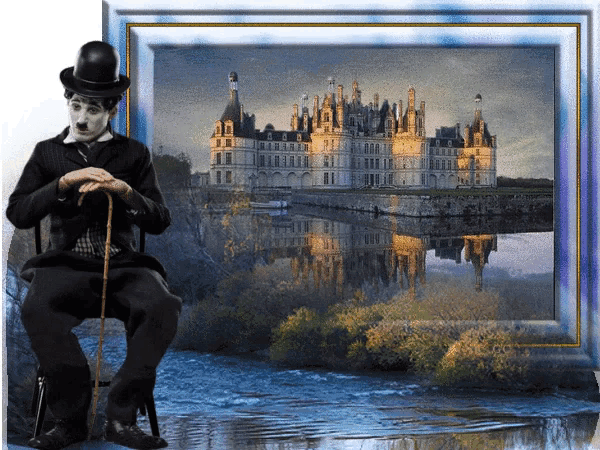 a man in a top hat sits in front of a castle
