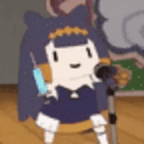 a cartoon character is standing next to a microphone holding a sword .