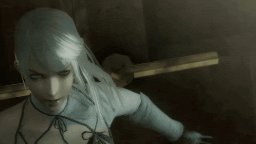 a woman with white hair and a sword in her hand