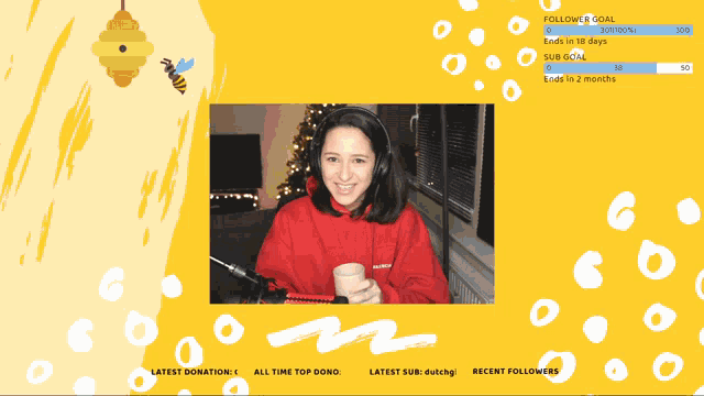 a woman wearing headphones is sitting in front of a yellow background