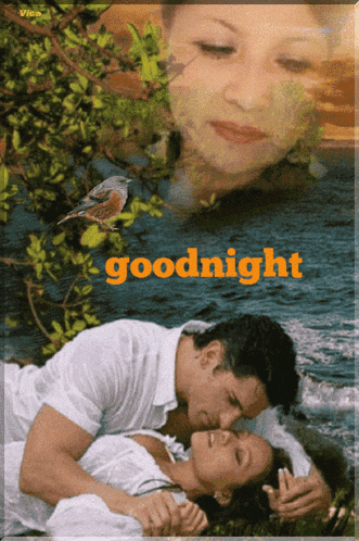a picture of a man kissing a woman with the words goodnight written on the bottom
