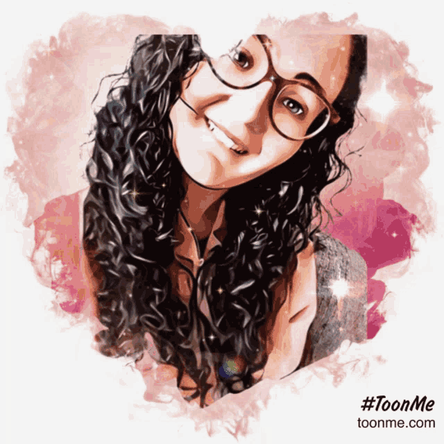 a drawing of a woman with curly hair and glasses with the website toonme.com underneath