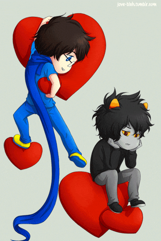a drawing of a boy holding a heart next to a boy sitting on a heart with the website jave-blush.tumblr