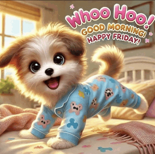 a picture of a puppy with the words whoo hoo good morning happy friday on it