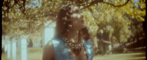 a woman in a blue dress is standing under a tree in a park looking up at the sky .