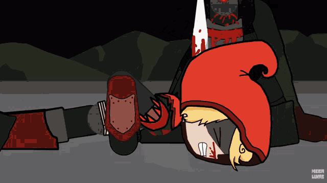 a cartoon of a person laying on the ground with a knife in their neck