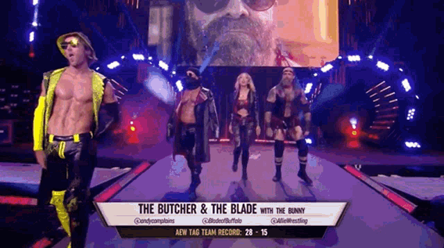 the butcher and the blade with the bunny are walking down the aisle