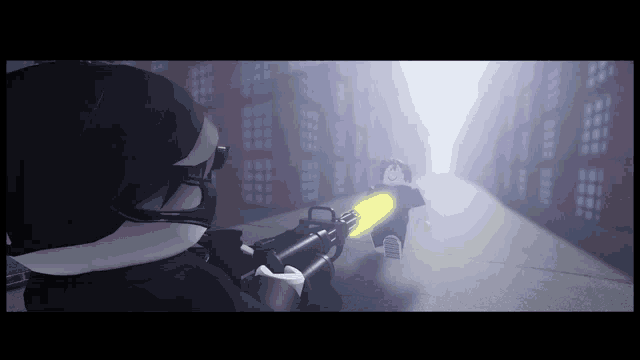 a cartoon character holding a gun with a yellow light coming out of it
