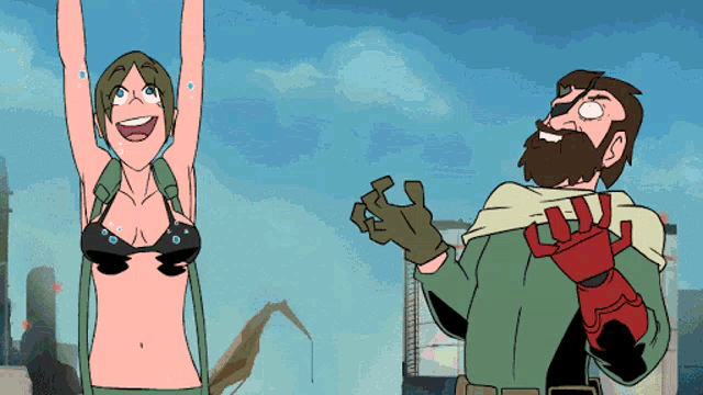 a man with a beard and a woman in a bikini are standing next to each other