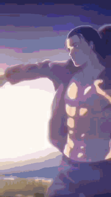 a man without a shirt is standing in front of a sunset with his arm outstretched .