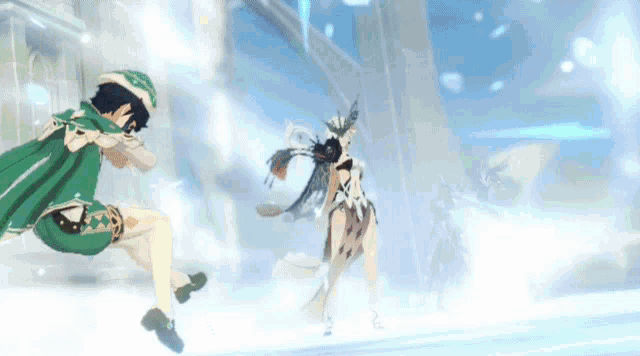 a man and a woman are fighting in a video game . the man is wearing a green cape .