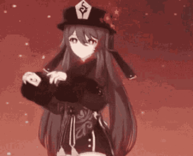 a girl with long hair and a hat is standing in a red room .
