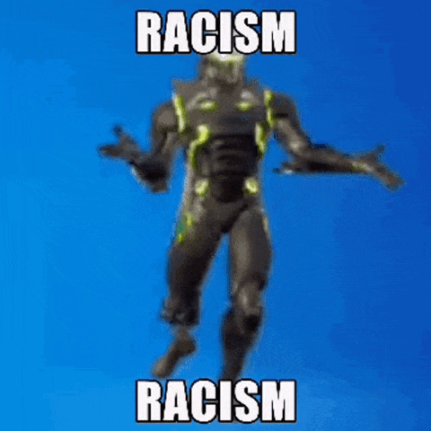 a video game character is dancing in front of a blue background with the words racism racism .