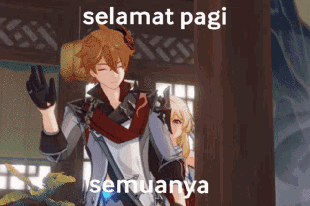 a cartoon character with the words selamat pagi semuanya written above him