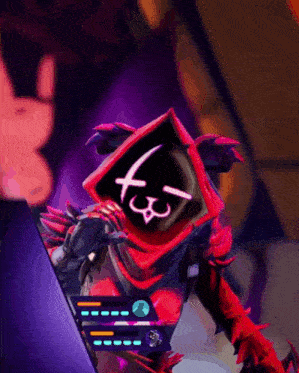 a video game character with a sword and a face that says x on it