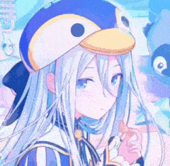 a girl with long white hair wearing a penguin hat .
